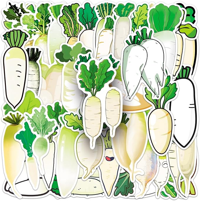 50 Pcs White Radish Stickers - Cute Kawaii Style Vegetable Decals for Journal, Kitchen, Laptop - Unique Funny Foodie Sticker Pack(White Radish)