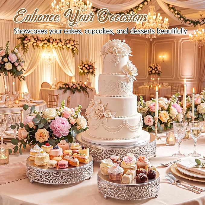 Wenqik 3 Pcs 16'' 14'' 12'' Metal Silver Cake Stand Round Cake Stands for Dessert Table Cookies Fruit Serving Tray Cupcake Dessert Pastry Riser for Wedding Birthday Party and Events