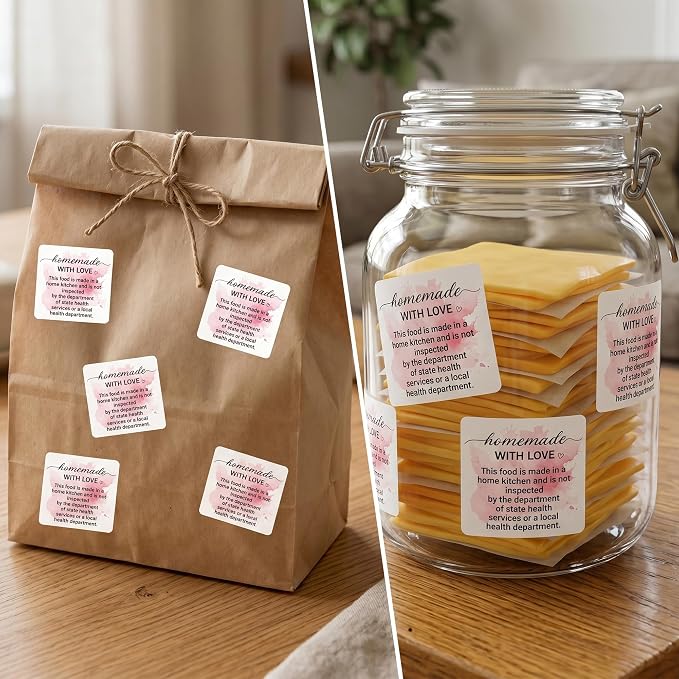 PANTIDE 500 Count Pink Watercolor Cottage Food Law Labels Sticker | Homemade with Love, Adhesive Square Decal Roll, Made in A Home Kitchen Inspection Statement, for Food Packaging, 2 x 2 Inch