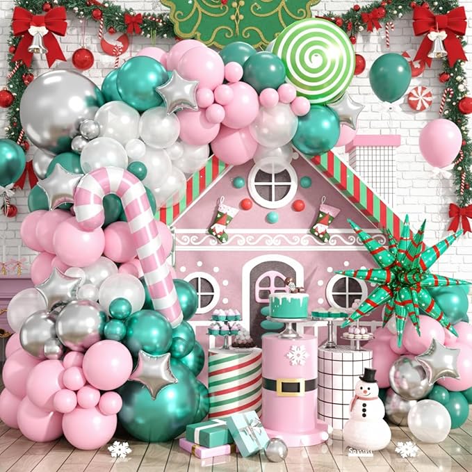 Christmas Balloon Arch Kit, Pink Green Metallic Silver Pearl Balloons with Star Foil, Pink Candy Cane, Green Candy Balloons for Birthday Party Decorations Baby Shower Backdrop