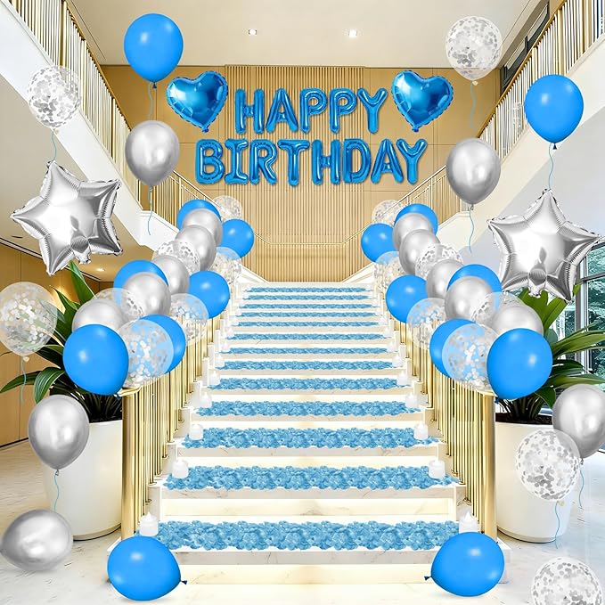 Blue Happy Birthday Balloons Decorations Light Blue Silver Birthday Balloon Letters Banner with Star Heart Balloons 1000 Pcs Artificial Rose Petals 24 Flameless LED Candles for Birthday Party Supplies