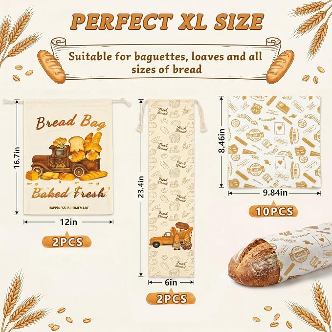 4 Pack Reusable Bread Bags for Homemade Bread，natural Beeswax & Linen Cotton，large Capacity and Portable,Bread Keeper for Sourdough，food/Bread Storage,With Free Baguette Bag and Baking Paper