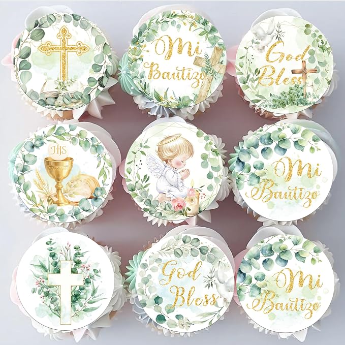 64 PCS Edible God Bless Cupcake Toppers Angel Bi Bautizo Cupcake Picks Edible Greenery Leaves Baptism Cross First Communion Cake Decorations for God Bless Theme Baby Shower Birthday Party Supplies