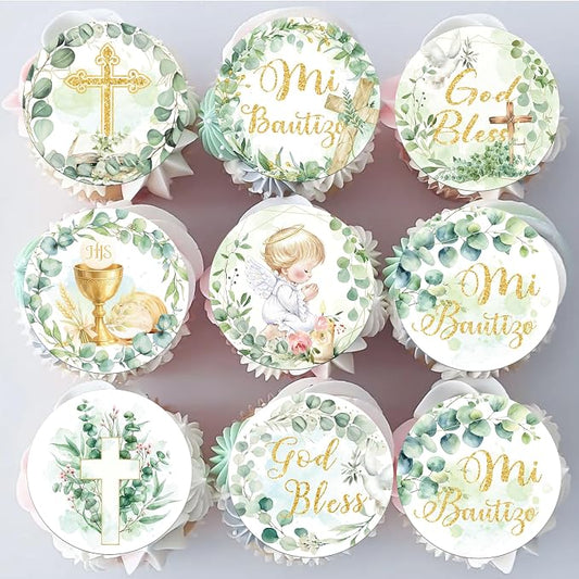 64 PCS Edible God Bless Cupcake Toppers Angel Bi Bautizo Cupcake Picks Edible Greenery Leaves Baptism Cross First Communion Cake Decorations for God Bless Theme Baby Shower Birthday Party Supplies