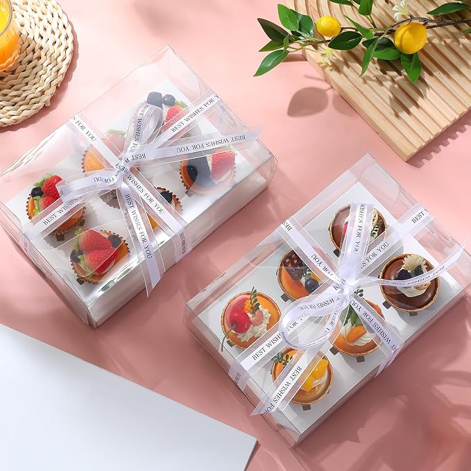 Dandat 24 Pack Clear Cupcake Boxes 6 Count Plastic Clear Cupcake Containers with Gift Ribbon Rectangle Bakery Cake Boxes Carrier Holder for Birthday Wedding Christmas Party