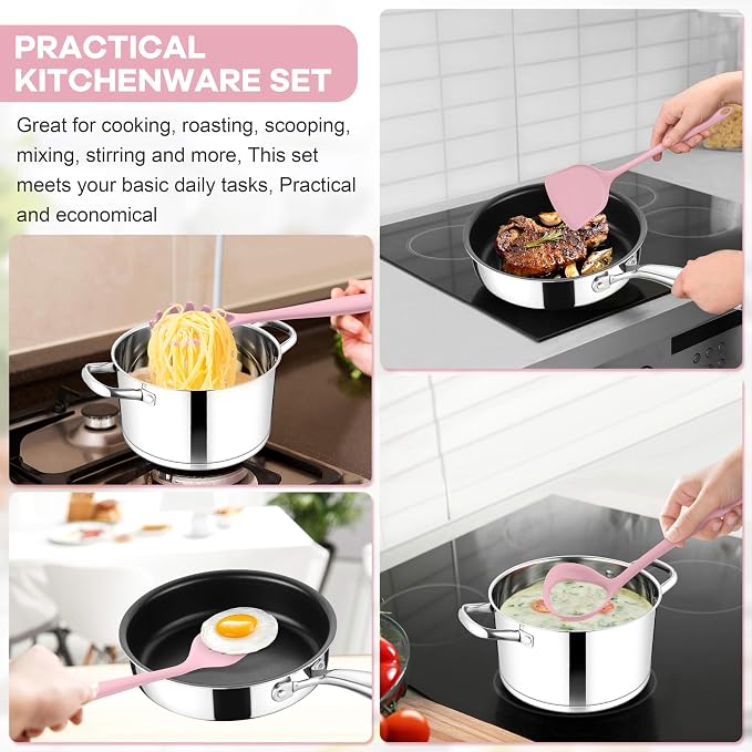 TeamFar Silicone Cooking Utensils Set, 8 PCS Kitchen Utensils Set, 446°F Heat Resistant, Turner, Spatula, Spoon, Whisk, Kitchen Cooking Gadgets Tools for Nonstick Cookware, Dishwasher Safe-Pink