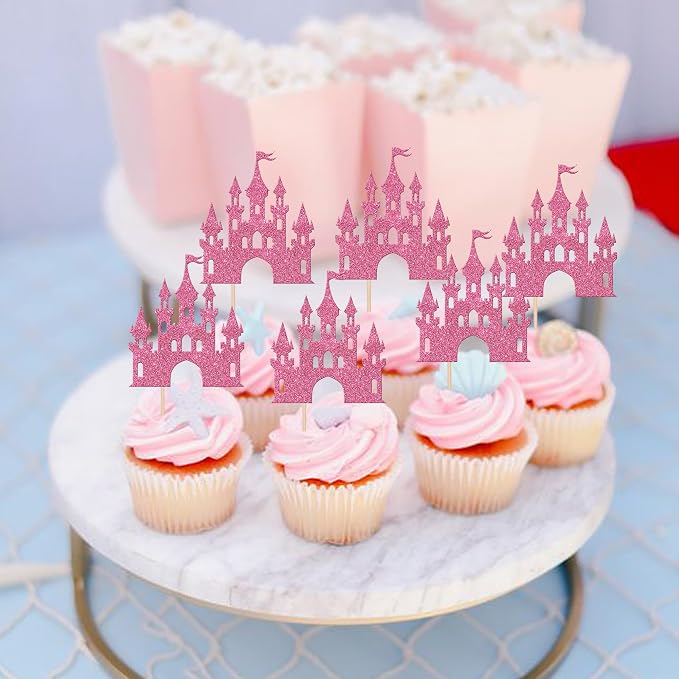 24 PCS Castle Cupcake Topper Princess Cupcake Toppers Castle Theme Birthday Party Decorations Queen Castle Cupcake Picks for Princess Prince Birthday Baby Shower Party Cake Decorations Supplies Pink