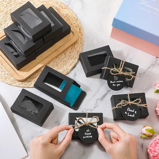 Zhanmai 100 Set Black Small Soap Boxes for Homemade Soap, 3.35 x 2.36 x 1.2 Inch Paper Packaging Boxes with Window, with 100 Tag and Twine, Gift Wrapping Supplies for Bakery Candy Cookies Party Favors