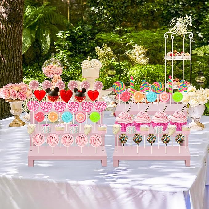 Wood Cake Pop Stands, 3 Tier Lollipop Holders with Twist Ties Lollipop Sticks, Sucker Display Riser for Dessert Table of Wedding Birthday Party (Pink-2P)