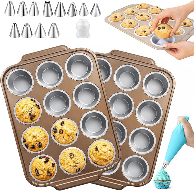 2Pack Silicone Muffin Pans with Steel Frame, 12-Cup Nonstick Bakeware, Reusable Cupcake Pans with 12 Piping Nozzles & Bag for Baking | Silicone Muffin Pans for Cupcakes & Muffins