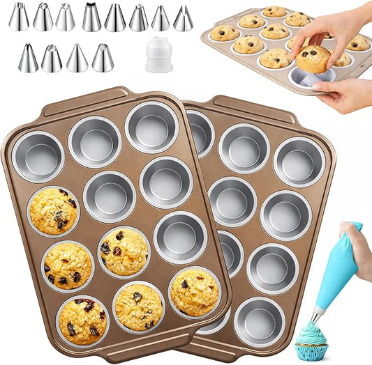 2Pack Silicone Muffin Pans with Steel Frame, 12-Cup Nonstick Bakeware, Reusable Cupcake Pans with 12 Piping Nozzles & Bag for Baking | Silicone Muffin Pans for Cupcakes & Muffins