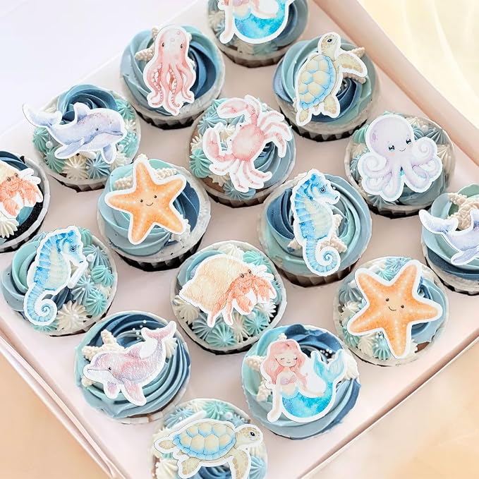 Gyufise 60Pcs Edible Mermaid Cupcake Toppers Octopus Seahorse Turtles Cupcake Picks Edible Under the Sea Party Decorations for Ocean Animal Theme Baby Shower Birthday Party Cake Decoration Supplies