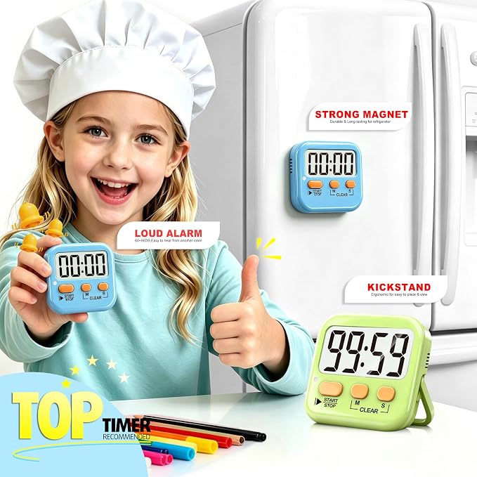 Antonki 2 Pack Digital Timer for Kids, Magnetic Countdown Kitchen Timers for Cooking, Egg, Classroom, Teacher, Exercise, Study, Oven - Battery Included