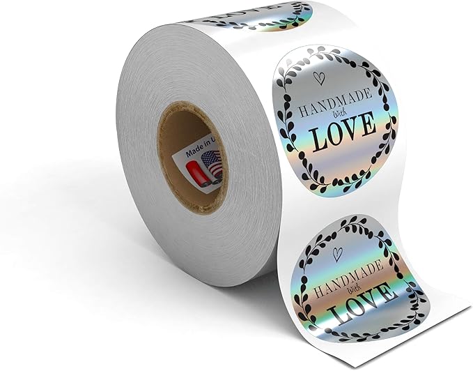 Kenco 1.5" Inch Handmade with Love Stickers, Made in The USA! for Envelopes, Boxes, Packaging and More - 500 Labels Per Roll (1 Pack 500 Stickers, Holo)
