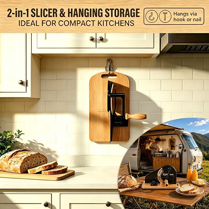 Manual Adjustable Sourdough Bread Slicer for Homemade Bread | Homemade bread and sourdough rounds, hand crank control, wall-mount storage, 0-0.8 in slices, no assembly, 420U6 blade