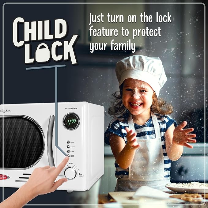 Nostalgia NRMO11WH6A 1000 Watt Power Retro Countertop Microwave Oven Easy to Clean with Removable Glass Turntable-Child Safety Lock-12 Programs-Digital Clock, 1.1 Cu Ft, White