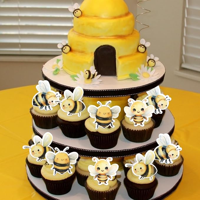 60 PCS Edible Bumble Bee Cupcake Toppers Edible Honey Bee Cupcake Picks Waper Paper Oh Babee Cupcake Decorations for Bee Theme Baby Shower Boys Girls Birthday Party Cake Food Decorations Supplies