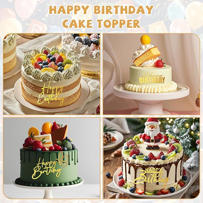 6Styles Gold Happy Birthday Cake Toppers, Mirror Acrylic Happy Birthday Sign for Cake Side Decoration, Glitter Gold Acrylic Happy Birthday Cake Topper Set for Cake Party Decorating Supplies