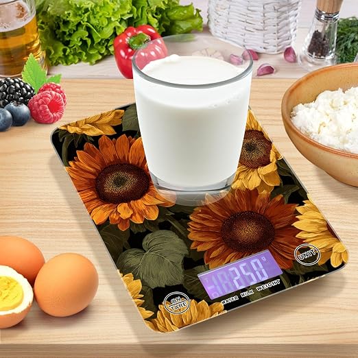 Food Scale Kitchen Digital Scale Food Ounces and Grams Dieting Baking Cooking Waterproof Glass Panels LCD Display,4 Units Scale Tare Function Sunflower