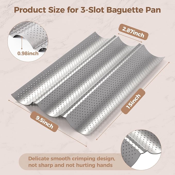 Baguette Bread Pan, Premium Nonstick Perforated French Bread Baguette Baking Pan, 3 Loaves Baguette Tray for Sourdough, Italian Bread, Sub Roll, Perfect for Creating Crisp Golden-Brown Crust