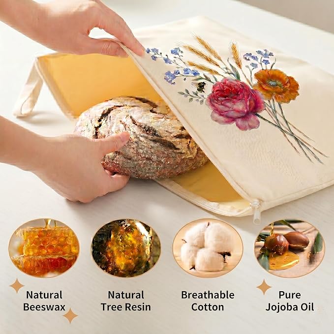 2 Pack Beeswax Bread Bags for Homemade Sourdough Bread, 17x13 Inch XL Reusable Cotton Bread Storage Bags with L-Shape Wide Zipper & Beeswax Lining for Freezer