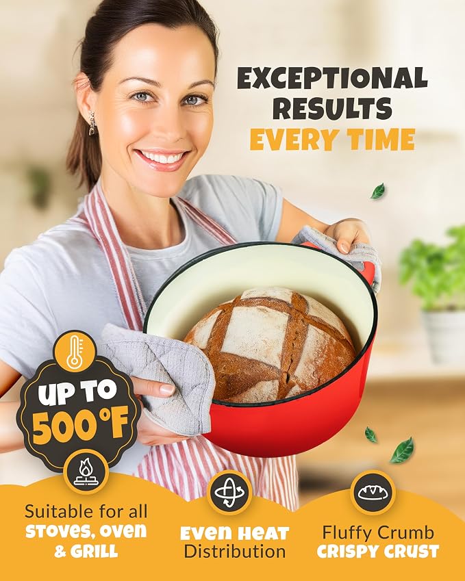 CRUSTLOVE Dutch Oven for Bread Baking - incl. Sourdough Bread-Baking Supplies like Banneton Bread-Proofing Basket - 5QT Enameled Cast Iron Bread-Oven with Lid, Bread-Pan Sour Dough Starter Kit