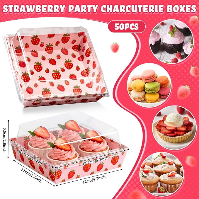 Potchen 50 Pack Bakery Boxes with Clear Lids, Disposable Charcuterie Treat Boxes for Cookies, Donuts, Cupcakes, Candy and Mini Cakes, Party Favor for Wedding and Gift Giving(Pink Strawberry)