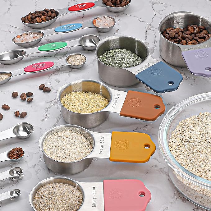 Magnetic Measuring Cups and Spoons Set of 16,Stainless Steel Magnetic Measuring Cups Set 7 and Magnetic Measuring Spoons Set of 8 with Leveler for Dry Liquid Ingredients (16, Colorful)