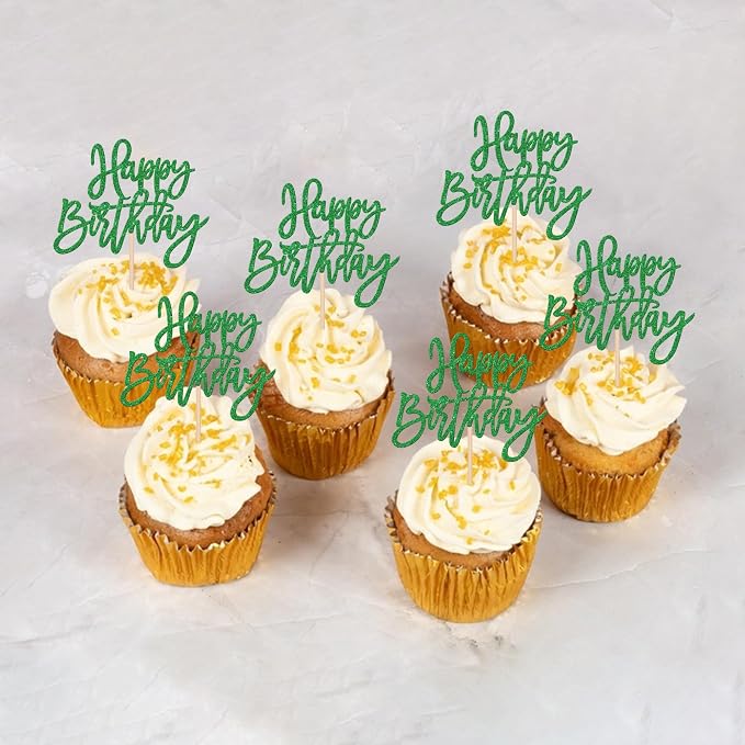 24 PCS Happy Birthday Cupcake Toppers Glitter Happy Birthday Cupcake Picks for Celebrating Anniversary Theme Party Cake Decorations Supplies Green