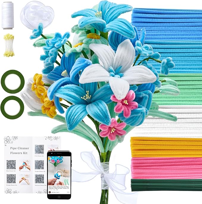 LENYNAL 500 Pcs Pastel Pipe Cleaners Bulk Craft, Blue Pipe Cleaner Flower Kit, Glue-Free & Safe for Kids, Step-by-Step Tutorial, 6 Colors Chenille Stems for Flower Making