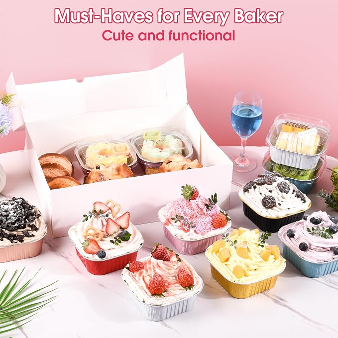 100 Pcs Mini Cake Pans with Lids, 5oz Square Aluminum Foil Brownie Baking Cups, Dessert Cupcake Cups with lids, Disposable Loaf Pans Cupcake for Wedding Birthday Party (Black Gold)