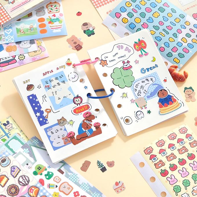 30 Sheets Fantasy Cartoon Sticker Book Cute Kawaii Scrapbook Stickers, Adhesive Notes & Memo Pads for Planner, Journal, Photo Album, Water Bottle DIY Crafts Pink-Purple
