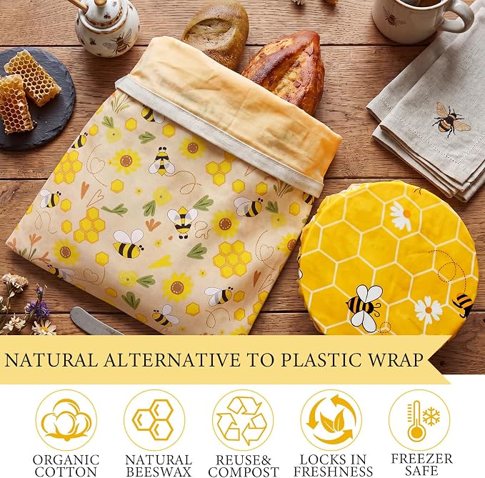 2 Pack Reusable Beeswax Bread Bags for Homemade Sourdough XL 17x13 Inch Beeswax Bread Bags for Storage Large Linen Bowl Cover Keeping Fresh Longer Safe Storage(Bee)