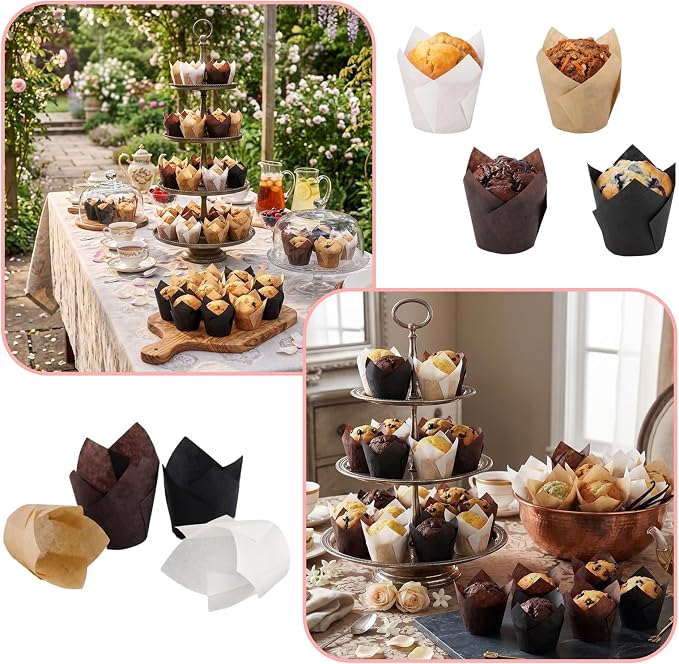 200 Pcs Tulip Cupcake Liners for Baking, White Natural Brown Black | Standard Greaseproof Tulip Muffin Liners for Baking, 3oz Paper Cupcake Wrappers for Party Wedding Birthday