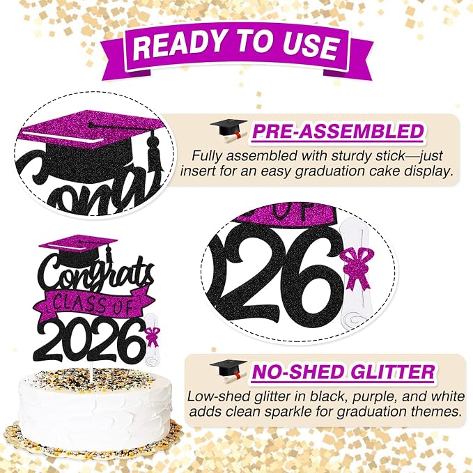 Congrats Class of 2026 Cake Topper Congrats Grad Cap Diploma Theme for High School Happy Graduation Party Supplies College Graduate Decoration (Purple)