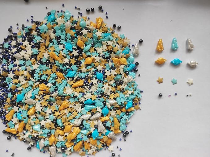Edible Space Themed Planet Rocket Sugar Sprinkles Spacecraft Dessert sprinkles Star Cake Cupcake Toppers Pearls cookie decorations for cake Decorating, 3.35 Ounce(Mixed Colors)