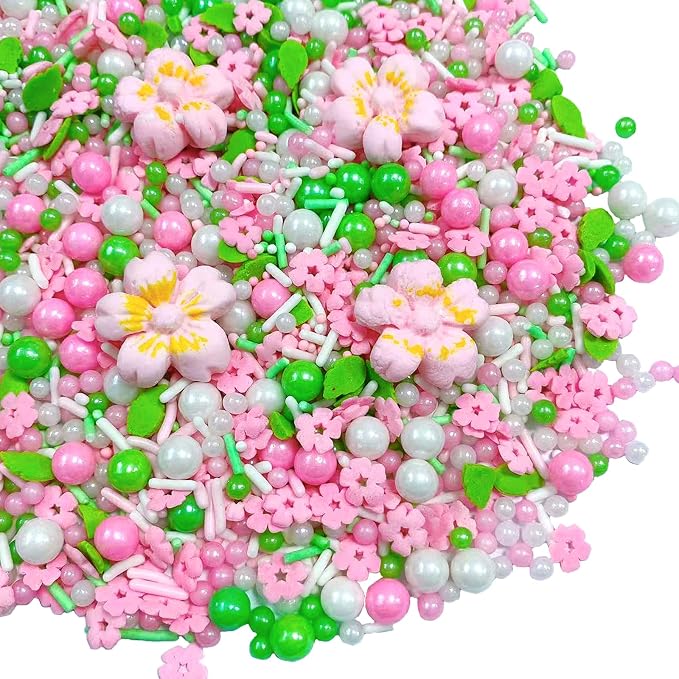 Sentovac Pink Flowers Sprinkles Edible Spring Green Peals Sprinkles for Cake Decorating Candy Cupcake Cake Topper Cookie Baking Decorations Christmas Wedding Supplies