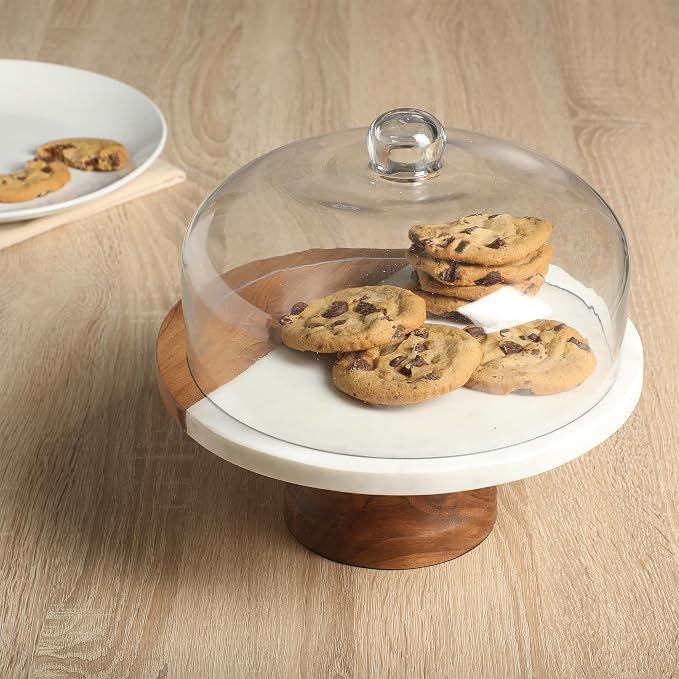 Gibson Elite Ridgehaven 10" Marble & Wood Cake Stand, Serving Platter, Charcuterie Board, and Center Piece Home Décor With Glass Lid