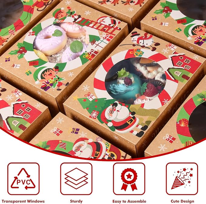 Patimate 12pcs Christmas Cookie Boxes for Gift Giving, 3 Style Brown Kraft Paper Bakery Boxes with Window, Xmas Holiday Treat Containers With Lids for Cookie Cupcakes Donuts Candy