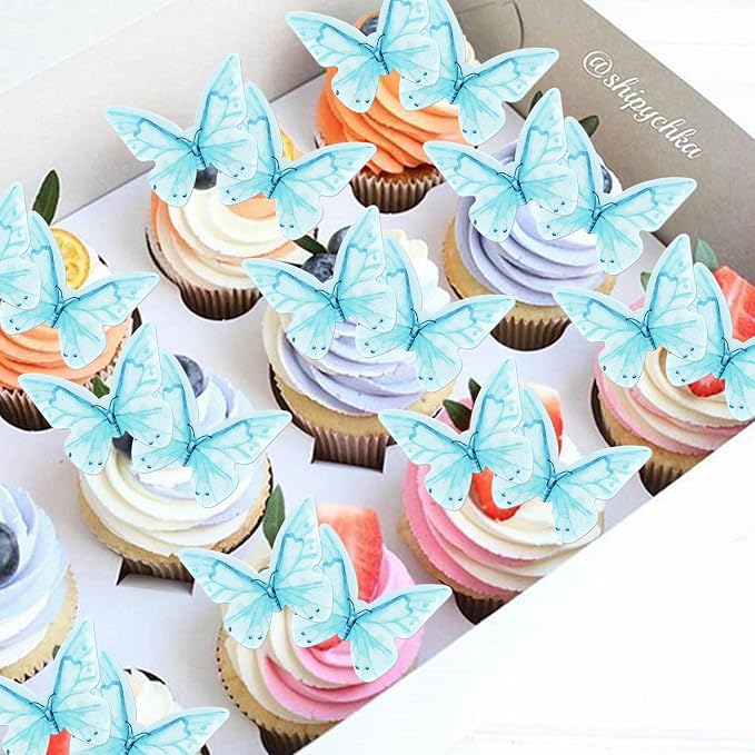 48 PCS Edible Butterfly Cupcake Toppers - Wafer Paper Butterflies & Cupcake Picks for Butterfly Theme Baby Shower, Wedding, Birthday Party - Blue