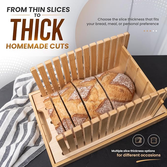 Bread Slicer for Homemade and Sourdough Bread - Hard Maple Wood and Bamboo, Adjustable Slicing Guide for Even Slices with Crumb Tray for Easy Cleanup