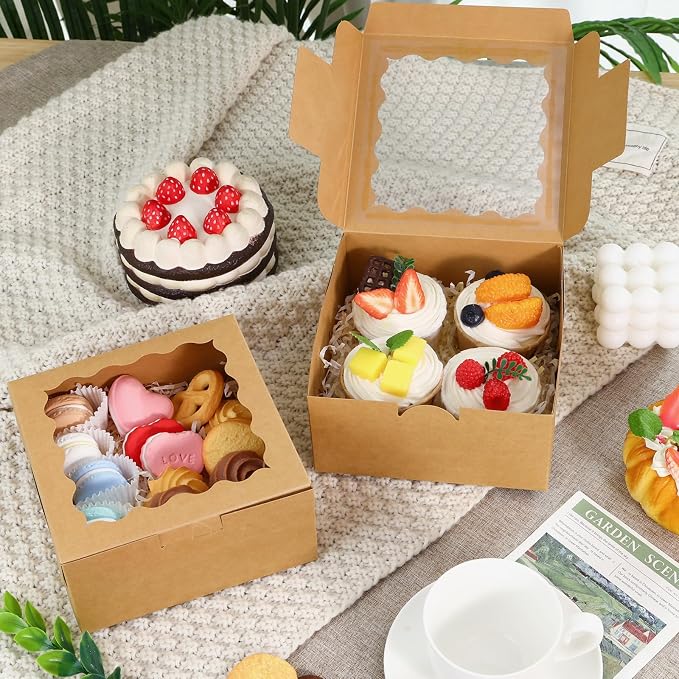 Moretoes 15pcs Cookie Boxes with Window, 6x6x3in Brown Bakery Boxes for Treats, Small Cake, Desserts, Donuts, Pastry