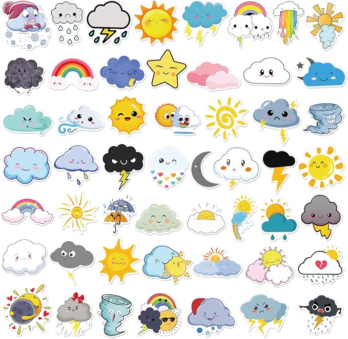 Cute Weather Stickers for Journaling - 50PCS Sun Cloud Rainbow Stickers Waterproof Vinyl Aesthetic Decals for Scrapbook, Water Bottles, Laptops, Guitar, Perfect for Kids Teens & Weather Lovers