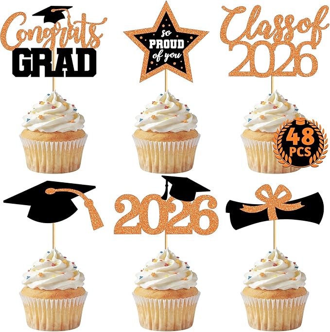 48 PCS Graduation Cupcake Toppers 2026, 6 Styles Grad Cake Topper, Black and Orange Graduation Decorations, Glittery Cap and Diploma Cake Picks for Congrats Grad Decor Party Supplies