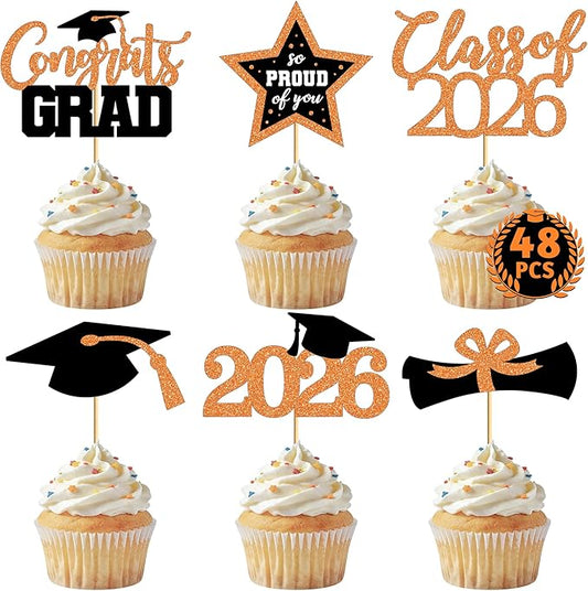 48 PCS Graduation Cupcake Toppers 2026, 6 Styles Grad Cake Topper, Black and Orange Graduation Decorations, Glittery Cap and Diploma Cake Picks for Congrats Grad Decor Party Supplies