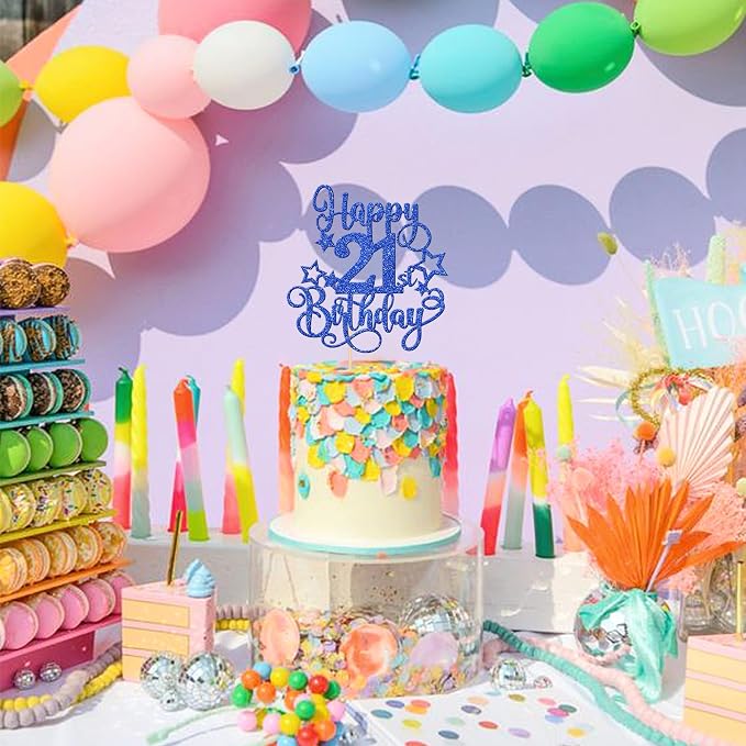 1 PCS Happy 21st Birthday Cake Topper Glitter Cheers to 21 Years Birthday Cake Pick Hello 21 Fabulous Cake Decoration for Happy 21st Birthday Anniversary Party Decorations Supplies Blue