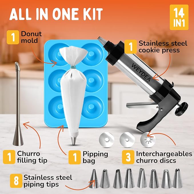 Churro Maker Kit Stainless Steel– Churrera Press with 3 Discs, 8 Piping Nozzles, Pastry Bag and Silicone Donut Mold – DIY Baking Set for Home