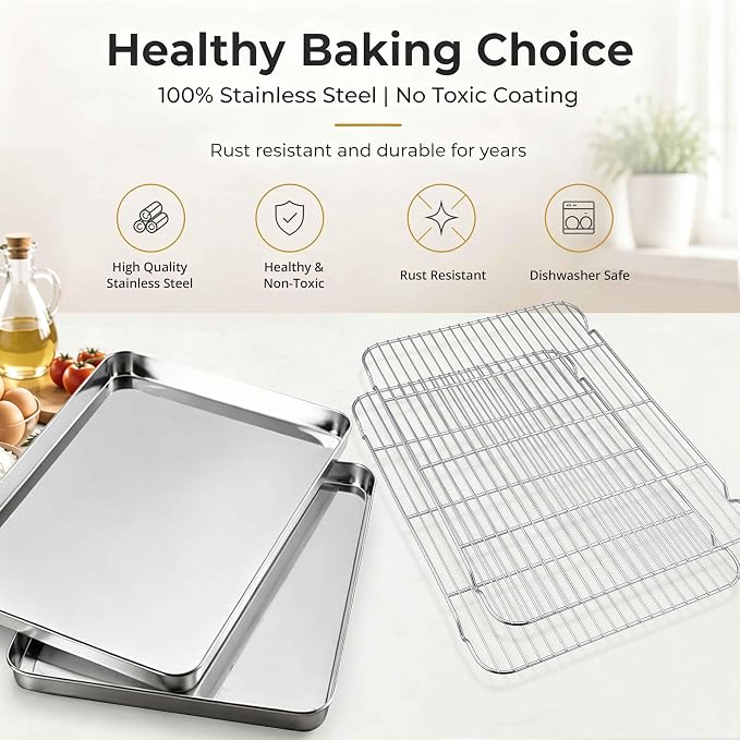 Onader Baking Cookie Sheet with Cooling Rack, 19⅝ x 13¾ Inch Stainless Steel Large Baking Sheet Pan with Wire Rack Set for Oven, Nonstick & 1 Inch Deep, 1 Pan + 1 Rack