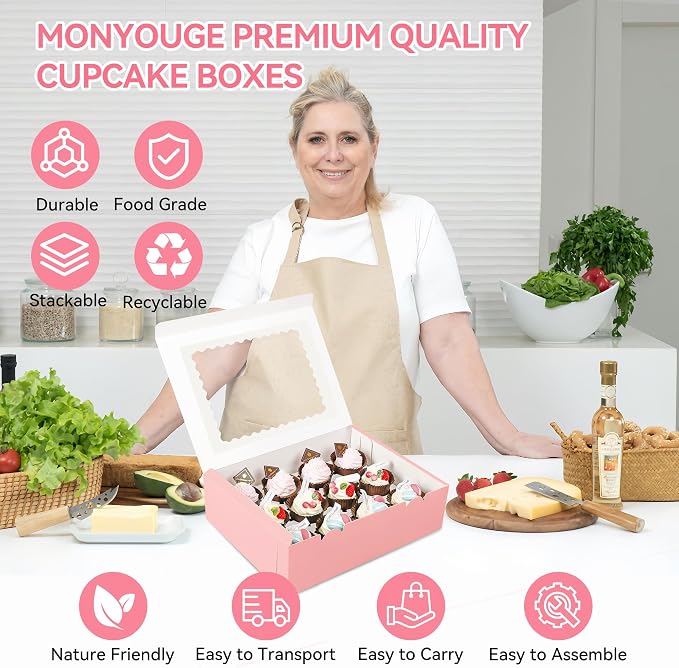 3-Set Cupcake Boxes Bulk with Clear Display Window Hold 12 Standard Cupcakes, Disposable Food Grade Pink Cupcake Carrier Cupcake Container, Perfect for Cupcakes Muffins Cookies Pastries