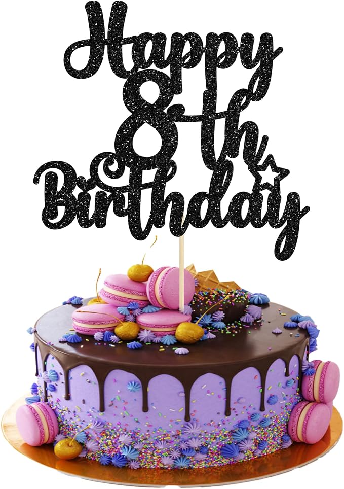 Gyufise 1Pc Happy 8th Birthday Cake Topper - Glitter 8 & Fabulous Cheers to 8 Years Old - Cake Pick for Celebrating Anniversary Party Decorations Supplies Black